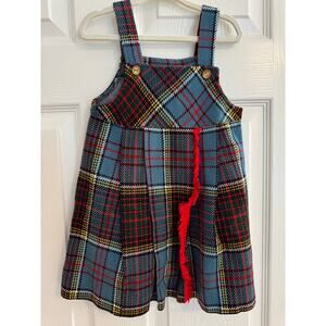 Vintage Girls Slate Blue Plaid Faux Wrap Jumper Dress Red Fringe Size 4